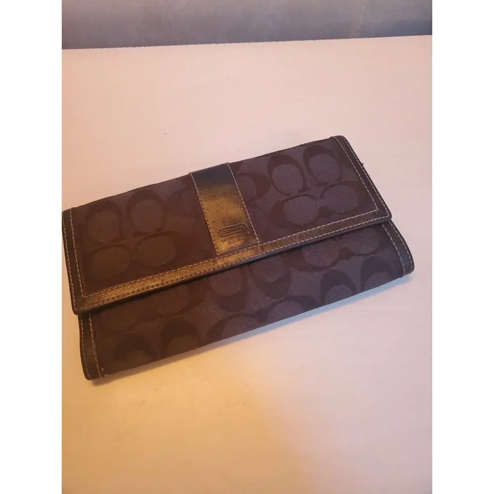 Coach Black Signature And Leather Trifold Wallet